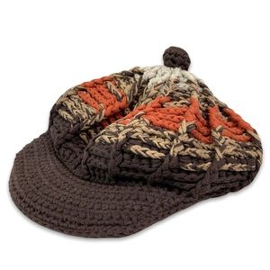 PRANA Womens OS Newsboy Brim Beanie Knitted Hat Orange Brown Tan Chunky Knit